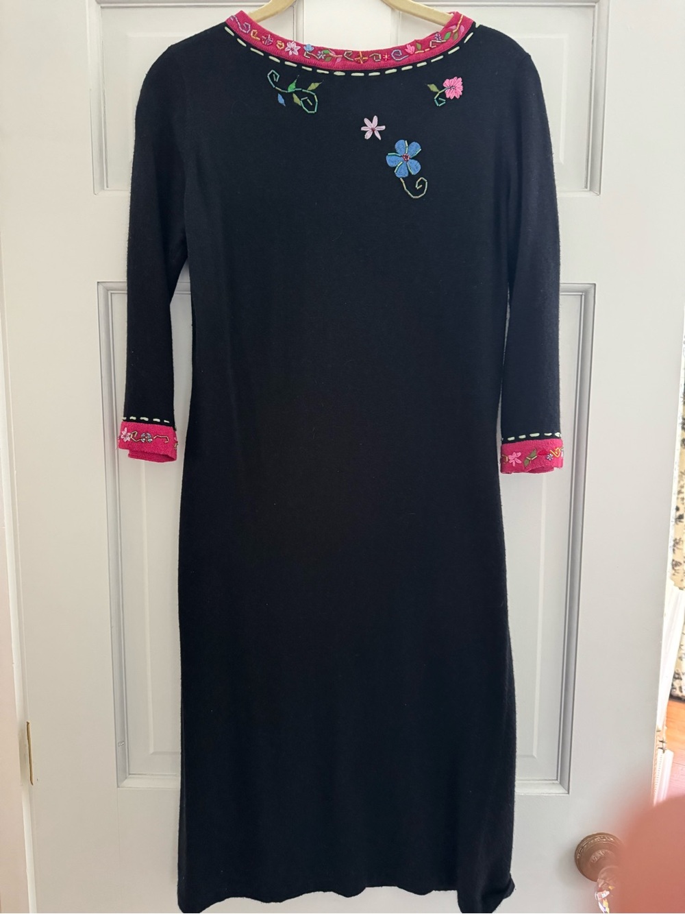 Michael Simon Black 3/4 Sleeve Dress with Pink Trim & Floral Embroidery